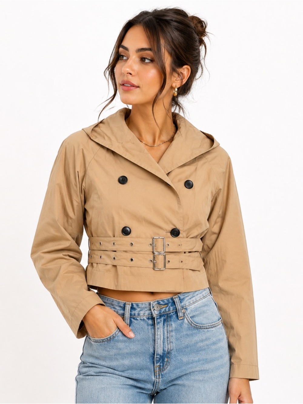 Cropped Double-Breasted Belted Trench Jacket With Hood- Camel Size 6 Nwt